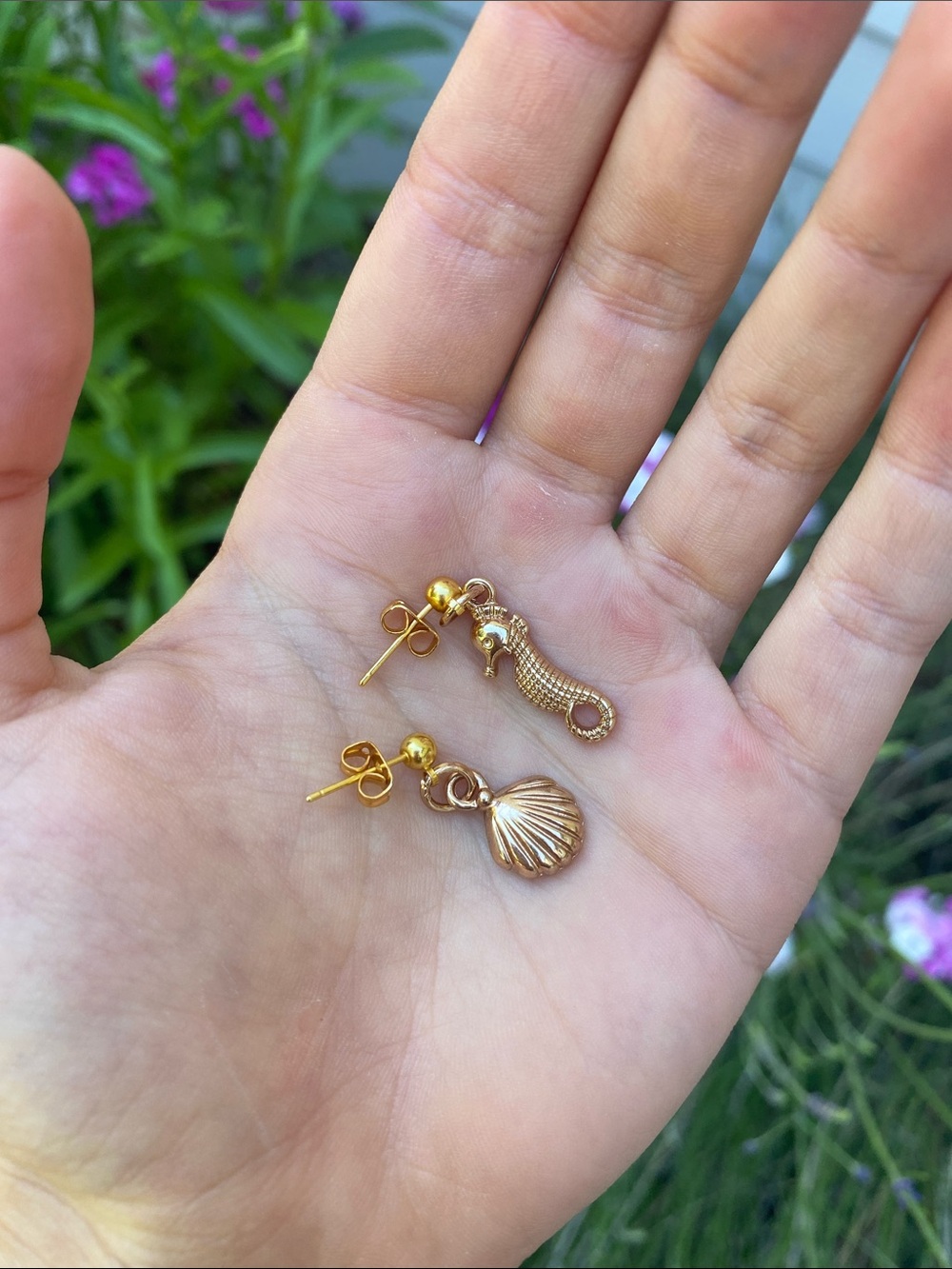 Gold Seashell and Seahorse Drop Stud Earrings